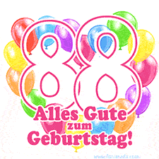 Ein verspieltes animiertes Geburtstags-GIF mit bunten Ballons in Herzform und der Zahl 88.