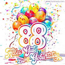 Ein lebendiges Geburtstags-GIF mit bunten Ballons, animiertem Konfetti, der Zahl 88 und den Worten 'Alles Gute zum Geburtstag' in dekorativer Schriftart.