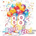 Des confettis animés, des ballons multicolores et un coffret cadeau dans un joyeux GIF de 88e anniversaire