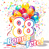 GIF pour un 88e anniversaire avec un grand chiffre 88, des ballons multicolores, des confettis et des rubans, accompagné du texte 'Bonne Fête!' sur un fond festif.