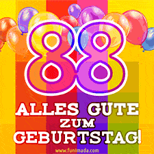 Große Zahl 35 in Umrissschrift, die Worte 'Alles Gute zum 88. Geburtstag', mehrfarbige animierte Ballons und lebendiger Hintergrund.