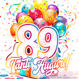Animazione con palloncini colorati e scintillanti, accompagnata dal numero 89 in caratteri grandi e luminosi, e la scritta 'Tanti Auguri!' in stile vivace.