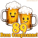 Due boccali di birra sorridenti animati, con il numero 89 e la scritta 'Buon Compleanno!' in caratteri allegri su uno sfondo bianco.