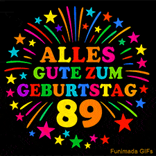 Animiertes GIF 'Alles Gute zum Geburtstag 89 mit bunten Buchstaben und leuchtenden Sternen