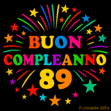 GIF animata 'Buon Compleanno 89' con lettere colorate e fuochi d'artificio
