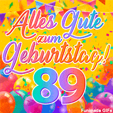 Eine festliche Animation zum 89. Geburtstag, Die Worte 'Alles Gute zum Geburtstag' und die Zahl '89' sind in einer bunten Schriftart gehalten, umgeben von Partyballons und Konfetti.