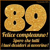 Un GIF animato per un 89° compleanno, Presenta il testo 'Buon Compleanno 89' su uno sfondo giallo vivo con palloncini colorati, festoni e una pioggia di coriandoli.