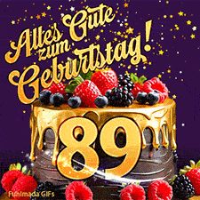 Eine köstlich aussehende animierte Geburtstagskarte für den 89. Geburtstag, dekoriert mit Erdbeeren, Blaubeeren und goldenen Details, Sterne funkeln und fallen, mit 'Alles Gute zum Geburtstag!'-Text.