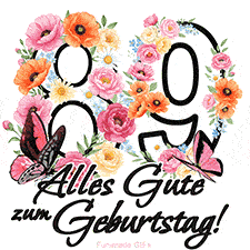 Ein florales GIF zum 89. Geburtstag. Die Zahl '89' ist von animierten Blumen und Schmetterlingen umgeben und bietet eine schöne und fröhliche Art, den Meilenstein zu feiern.