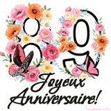 Ce GIF de Joyeux 89ème Anniversaire présente le nombre vingt rempli d'un bouquet vibrant de fleurs animées, avec des papillons qui bougent doucement sur un fond blanc.