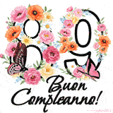 Questo GIF di Buon 89° Compleanno mostra il numero venti riempito con un vibrante bouquet di fiori animati, con farfalle che si muovono dolcemente su uno sfondo bianco.