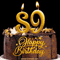 89 Birthday Chocolate Cake with Gold Glitter Number 89 Candles (GIF)
