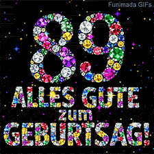 Funkelnde verschiedenfarbige Edelsteine bilden die Ziffer 89 und Alles Gute zum Geburtstag vor einem schwarzen Hintergrund mit Lichtpunkten.