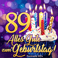 Violetter Hintergrund mit hellen Sternen präsentiert die goldene 89. Ein Cupcake mit Kerzen und goldener Schriftzug ergänzen das Geburtstagsmotiv.