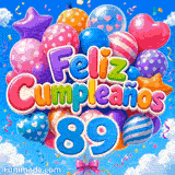 Animación de cumpleaños 89 años ilustrando el número 89 azul junto a un ramo de globos de colores y serpentinas.