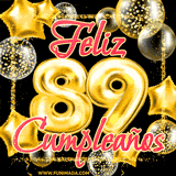 Animación de un GIF con el número 89 en dorado, rodeado de estrellas, burbujas brillantes y la frase 'Feliz cumpleaños' en letras modernas y festivas.