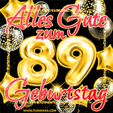 Glänzende goldene Ballons und ein quadratischer Glitzerrahmen: Animiertes GIF zum 89. Geburtstag mit der großen goldenen Zahl 89
