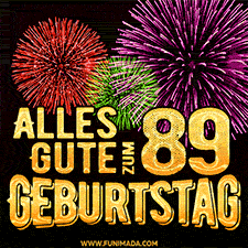 Ein dynamisches animiertes GIF mit buntem Feuerwerk und goldenen Zahlen, die den 89 Geburtstag hervorheben.