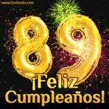 GIF animado con globos dorados en forma del número 89, acompañado de fuegos artificiales de colores y la frase '¡Feliz cumpleaños!' en letras vibrantes.