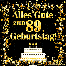 Dieses lebhafte Geburtstags-GIF zeigt eine Torte mit Kerzen, goldenem Konfetti und der Zahl 89.