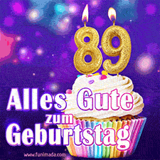 Ein glänzendes Geburtstags-GIF mit goldenen Kerzen mit der Zahl 89 auf einem weißen cremefarbenen Cupcake und dem Text 'Alles Gute zum Geburtstag'.