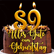 Animiertes GIF mit einer Schokoladen-Geburtstagstorte, großen goldenen Kerzen mit der Zahl 89 und einem dekorativen Text mit der Aufschrift 'Alles Gute zum Geburtstag'.