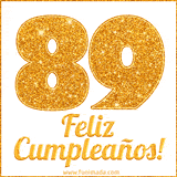 Imagen animada con el número 89 en diseño dorado brillante acompañado de la frase 'Feliz cumpleaños' sobre un fondo blanco simple y elegante.