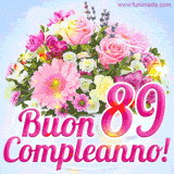 Bouquet animato con rose rosa, margherite e altri fiori colorati, con il numero 89 e la scritta 'Buon Compleanno!' in stile elegante e luminoso.
