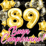 Animazione con palloncini dorati a forma del numero 89, circondati da decorazioni scintillanti e la scritta 'Buon Compleanno!' in caratteri rosa accattivanti.