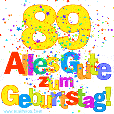 Geburtstags-GIF mit animierten bunten Sternen, der großen Zahl 89 und dem mehrfarbigen Text 'Alles Gute zum Geburtstag'.