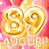 Bouquet animato di palloncini multicolori che emergono da una scatola regalo, con il numero 89 e la scritta 'Tanti Auguri!' su uno sfondo pieno di coriandoli.