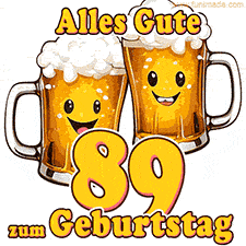 Zwei lustige Bierkrüge mit fröhlichen Gesichtern hüpfen auf und ab. Der Text lautet 'Alles Gute zum 89. Geburtstag'.
