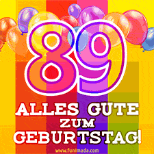 Große Zahl 35 in Umrissschrift, die Worte 'Alles Gute zum 89. Geburtstag', mehrfarbige animierte Ballons und lebendiger Hintergrund.