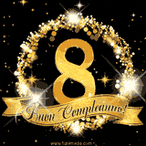Il numero 8 è circondato da un anello dorato brillante, accompagnato da un nastro elegante con la scritta 'Buon Compleanno!' su uno sfondo scuro.