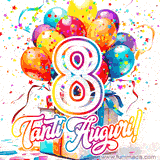 Animazione con palloncini colorati e scintillanti, accompagnata dal numero 8 in caratteri grandi e luminosi, e la scritta 'Tanti Auguri!' in stile vivace.