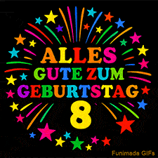 Animiertes GIF 'Alles Gute zum Geburtstag 8 mit bunten Buchstaben und leuchtenden Sternen