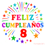 Imagen animada para felicitar los 8 años con letras de colores y diseño festivo.