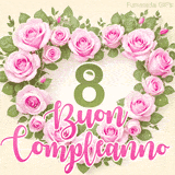 GIF per il 8° compleanno con un cuore di rose rosa e scritta elegante
