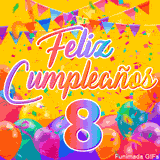 Un GIF animado para un 8º cumpleaños, Muestra el texto 'Feliz Cumpleaños 8' sobre un fondo amarillo vibrante con globos de colores, banderines y una lluvia de confeti.