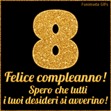 Un GIF animato per un 8° compleanno, Presenta il testo 'Buon Compleanno 8' su uno sfondo giallo vivo con palloncini colorati, festoni e una pioggia di coriandoli.