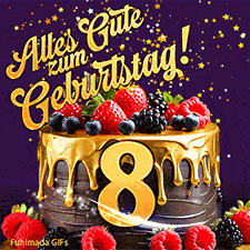 Eine köstlich aussehende animierte Geburtstagskarte für den 8. Geburtstag, dekoriert mit Erdbeeren, Blaubeeren und goldenen Details, Sterne funkeln und fallen, mit 'Alles Gute zum Geburtstag!'-Text.