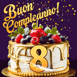 Un GIF animato di una bellissima torta per il 8° compleanno con glassa dorata e frutti di bosco freschi, Il numero dorato 8 è davanti, e stelle cadono su uno sfondo viola scuro.