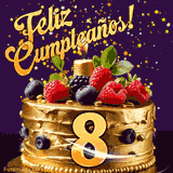 Una animación de celebración de una tarta para el 8º cumpleaños, Estrellas doradas caen del cielo, destacando el texto '¡Feliz Cumpleaños!' y el número dorado 8 en la tarta.
