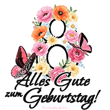 Ein florales GIF zum 8. Geburtstag. Die Zahl '8' ist von animierten Blumen und Schmetterlingen umgeben und bietet eine schöne und fröhliche Art, den Meilenstein zu feiern.