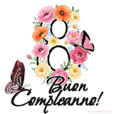 Questo GIF di Buon 8° Compleanno mostra il numero venti riempito con un vibrante bouquet di fiori animati, con farfalle che si muovono dolcemente su uno sfondo bianco.