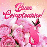 Immagine animata GIF per l'ottavo compleanno: numero rosa decorativo, bouquet di rose e una farfalla che vola tra scintille e luci spettacolari.