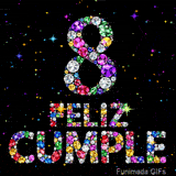 Las letras de FELIZ CUMPLE y el número 8 están construidas mediante gemas luminosas multicolores sobre un fondo negro con pequeños destellos.