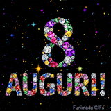 Immagine animata che mostra il numero 8 e Auguri in cristalli multicolori brillanti, circondati da piccole luci su uno sfondo scuro.
