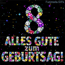 Dunkler Grund mit der aus bunten Diamanten geformten Ziffer 8 und den Worten Alles Gute zum Geburtstag, umrahmt von leuchtenden Funken.
