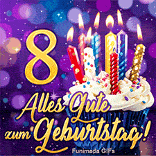 Törtchen mit weißer Creme, bunten Kerzen und der Ziffer 8 in Gold. Der kursive Text 'Alles Gute zum Geburtstag!' hebt sich vom lila Hintergrund ab.